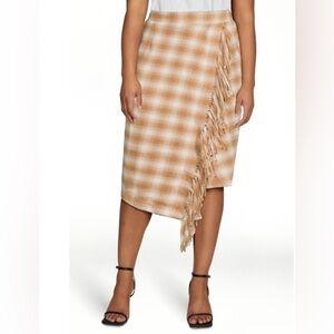 NWT Women's Fringed Faux Elastic Waist Plaid Blanket Wrap Midi Skirt (L)